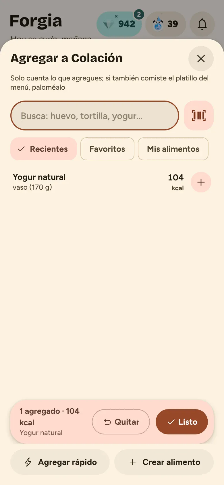 Porción del alimento con calorías y macros
