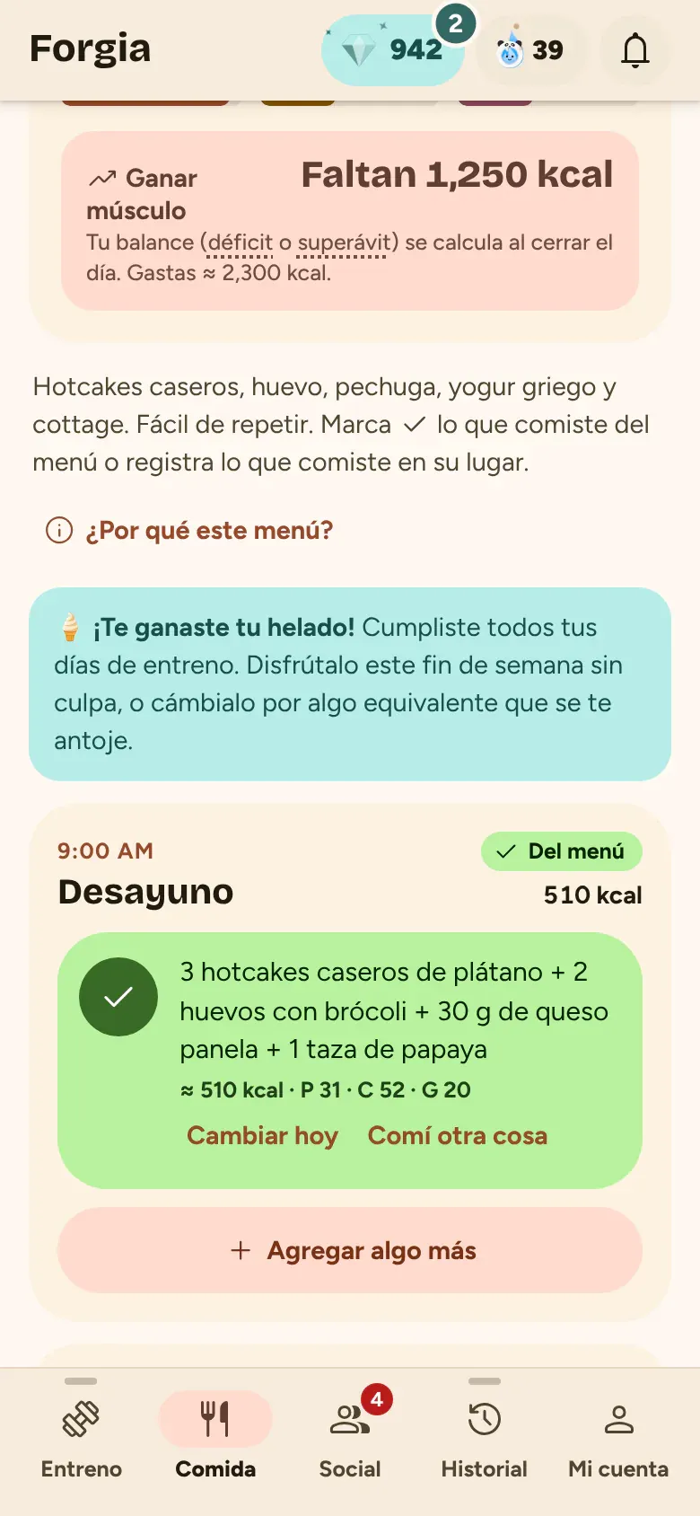 Menú con platillos del día y balance