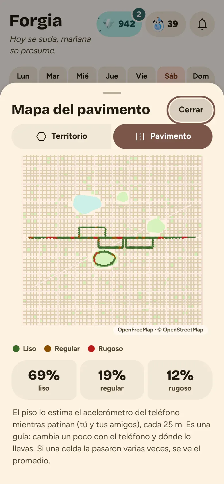 Mapa del pavimento con tramos lisos, regulares y rugosos