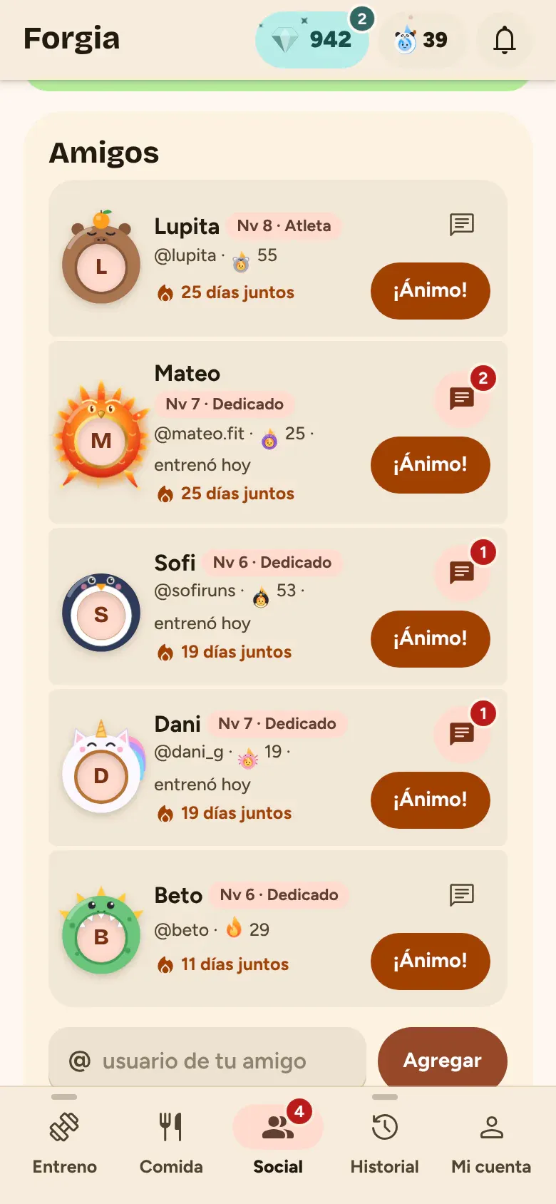 Lista de amigos con sus rachas
