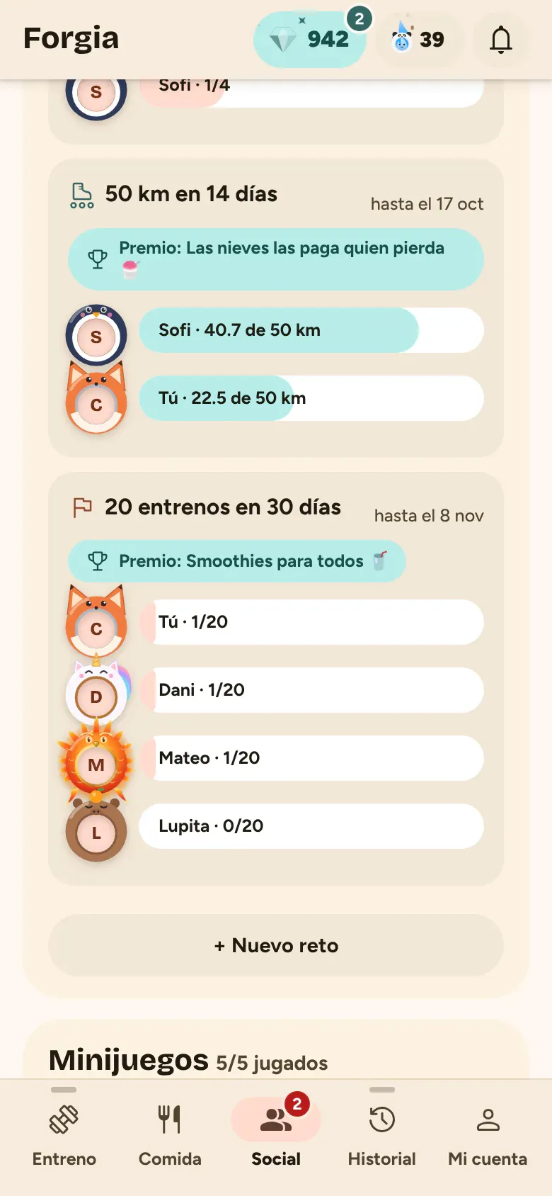 Reto de kilómetros entre amigos con barras de avance